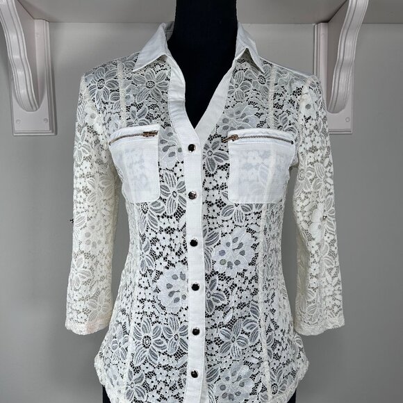 Vintage Fashion Magazine Lace Button-Up Blouse Women Small Off White Top - Picture 1 of 14